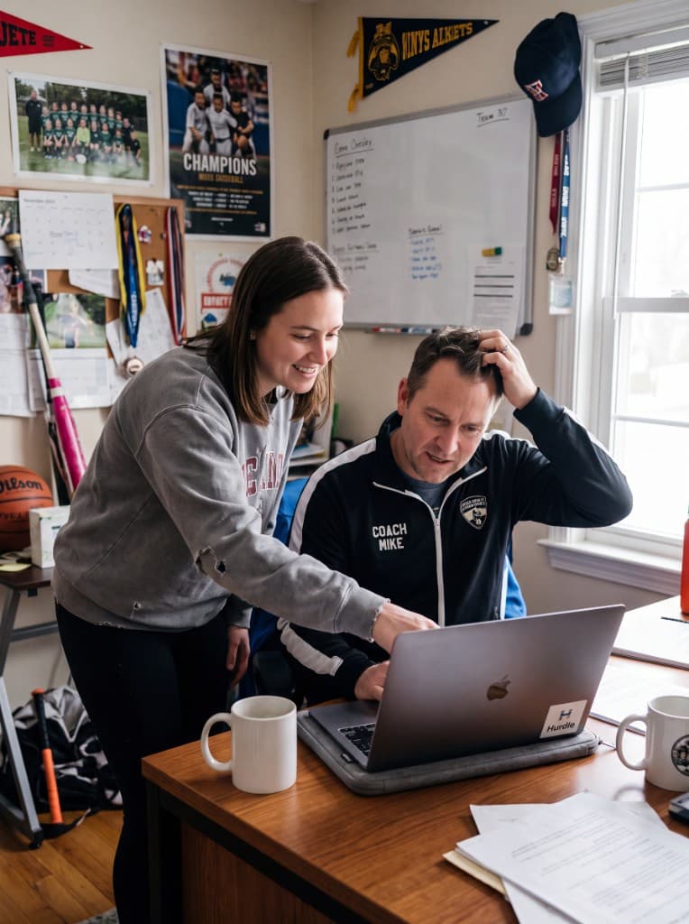 A youth sports coach reviewing Hurdle with a migration specialist