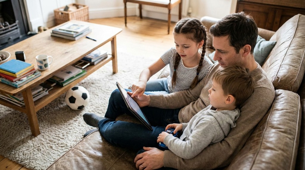 A father and two children exploring activities on a tablet at home