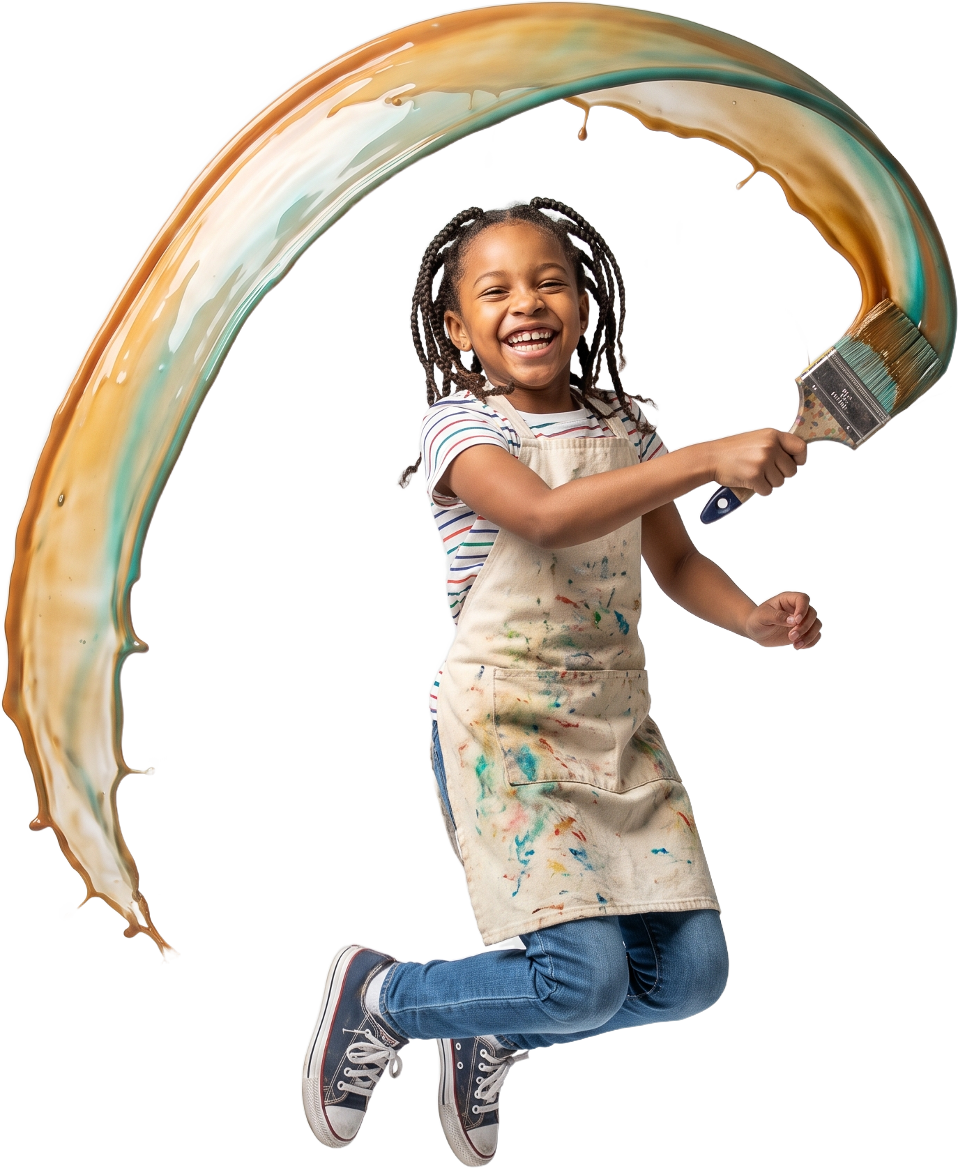 A laughing kid in an apron jumping, a ribbon of paint sweeping off the brush overhead