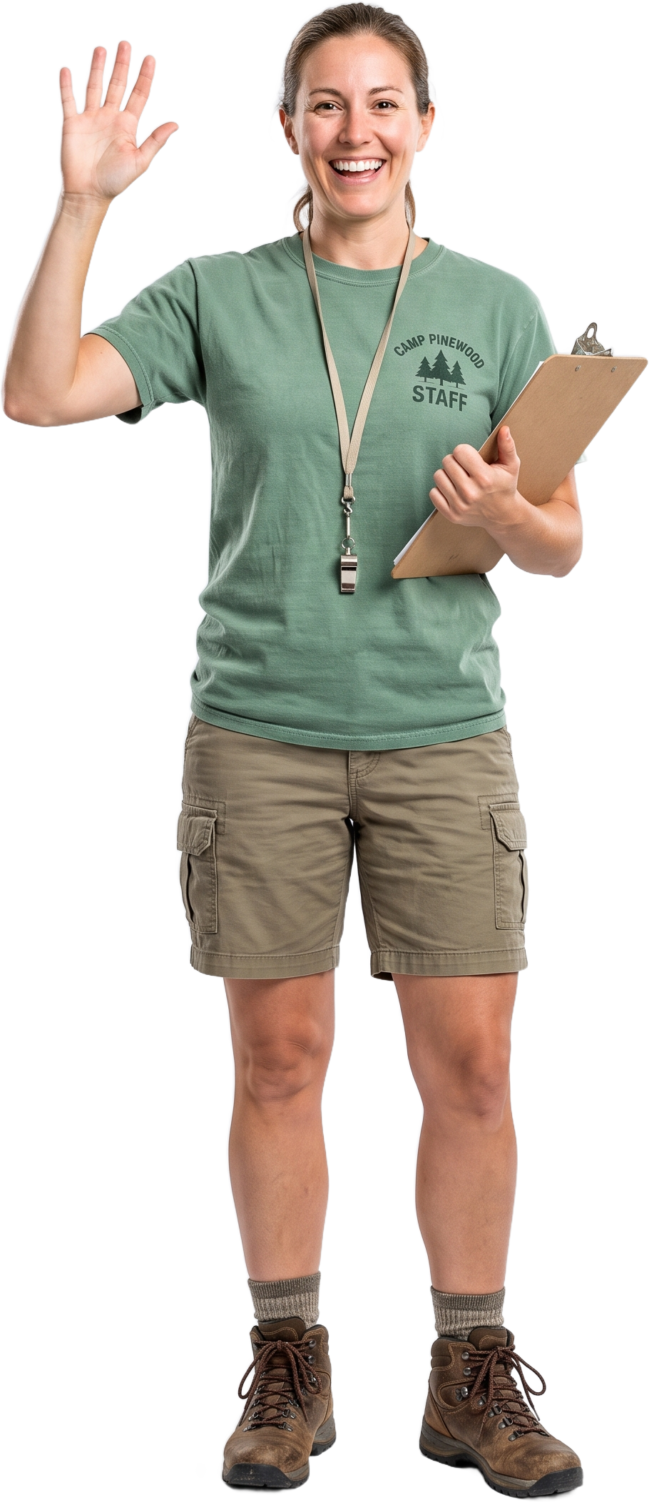 A camp counselor with a clipboard waving hello