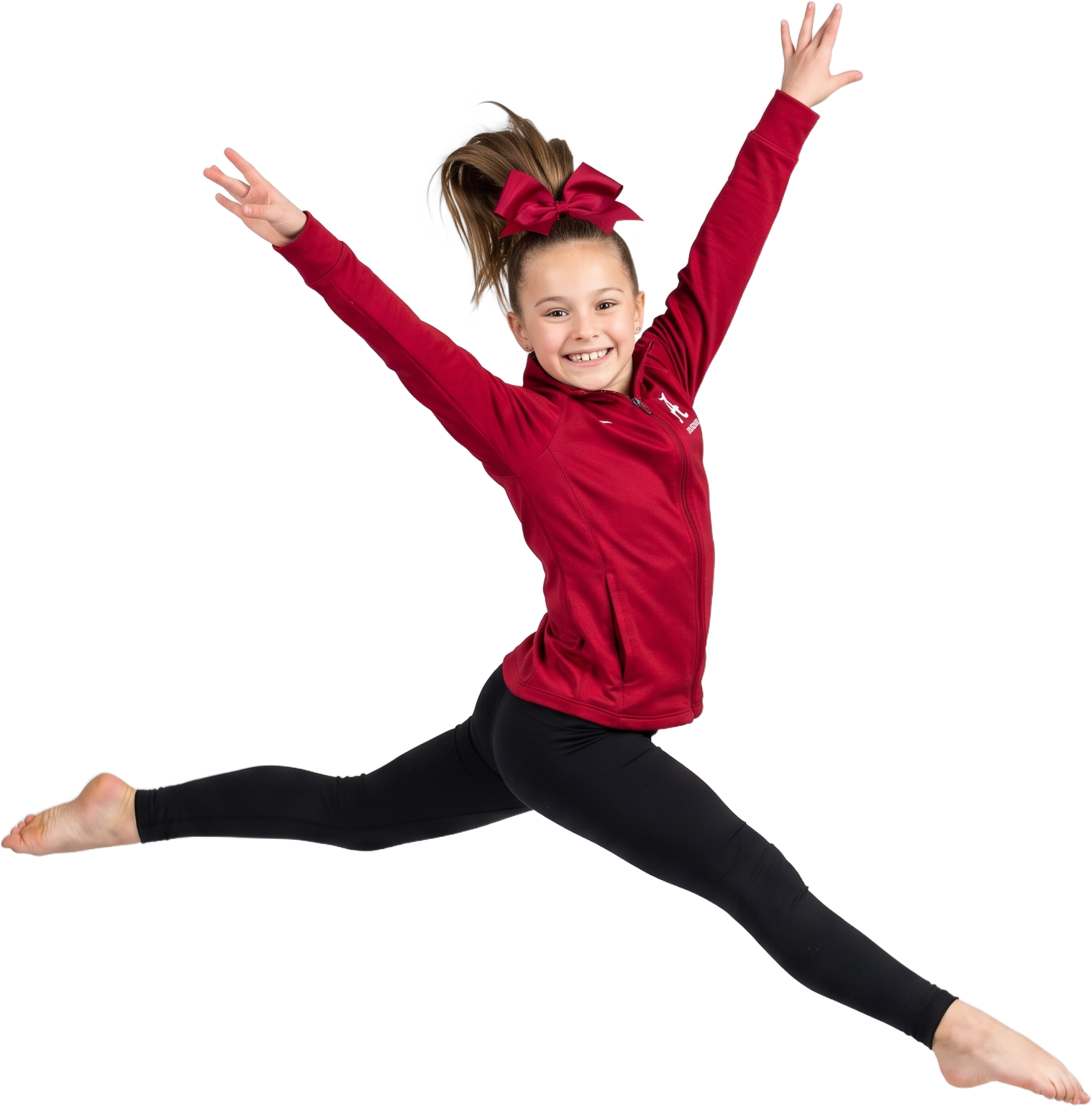 A gymnast in a crimson top and bow mid split leap, arms up, beaming