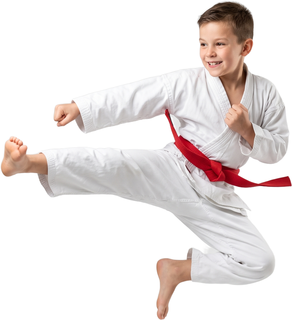 A smiling student in a white gi and red belt mid flying kick
