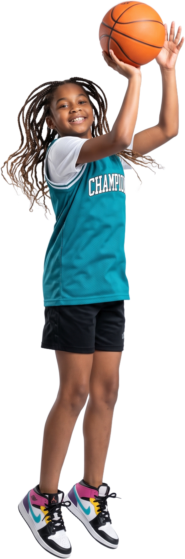 A player in a teal jersey rising for a jump shot, ball overhead