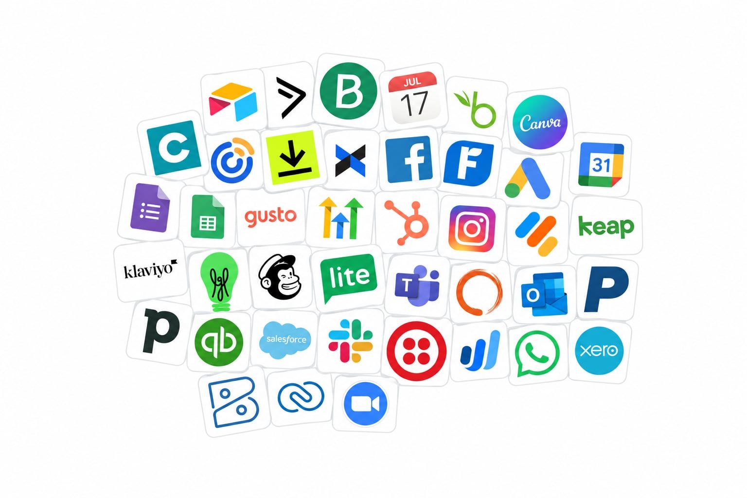 Logos for the books, calendars, email, and messaging tools Hurdle connects to